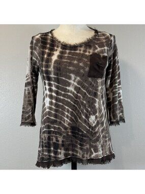 Coin 1804 3/4 Sleeve Tunic Blouse Size S Brown Tie Dye Fringe Trim Sheer Panel